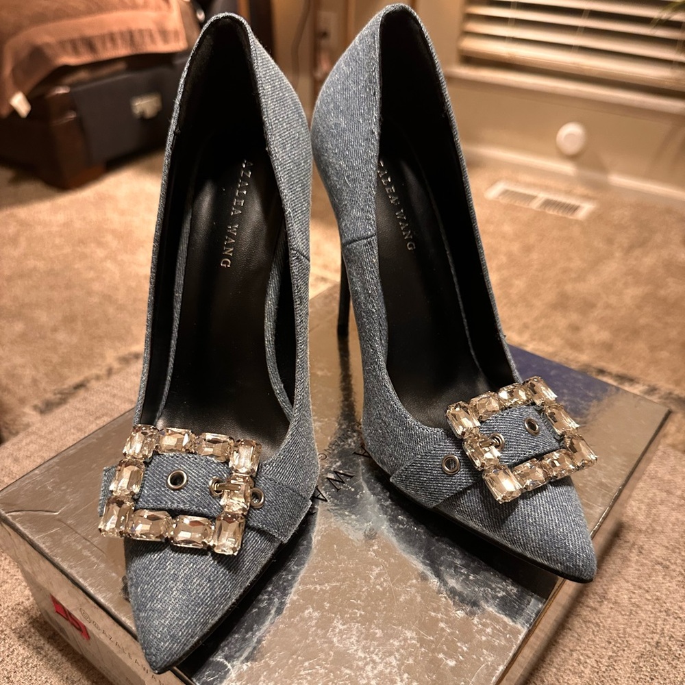 Elegant Blue Heels with Crystal Buckle